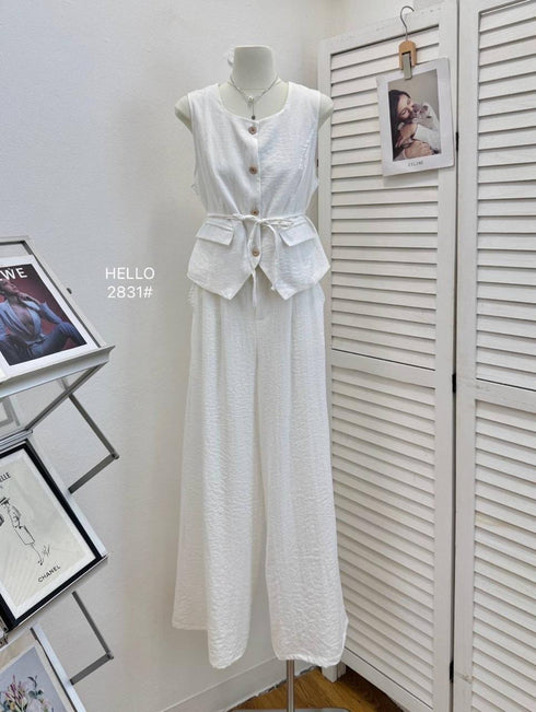 Round Neck Button Vest with Trousers Sets With Rope